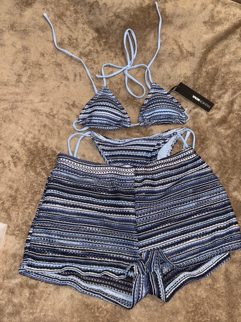 NWT Fashion Nova Blue & White Striped Tie-String Bikini 3pc Set